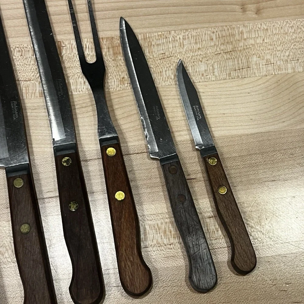 VTG Robinson Knife Co. 6 Piece Knife Fork Set‎ In Wooden Handles Made In USA